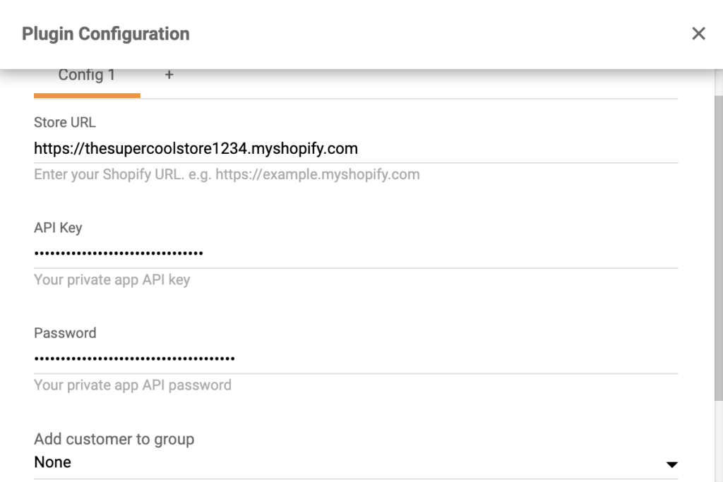 انسخ والصق مفتاح واجهة برمجة التطبيقات "API" وكلمة المرور في إعدادات إضافة Shopify في LiveAgent