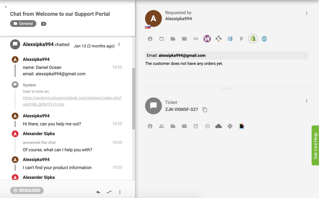 إضافة Shopify فعالة في LiveAgent ويمكن عرض طلبات العميل في تذكرة الدعم
