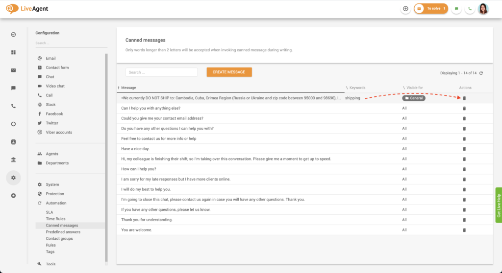 حذف رسالة جاهزة