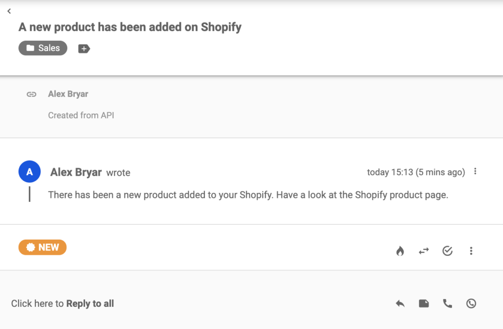 تم إرسال تذكرة دعم جديدة من Shopify بعد إنشاء منتج