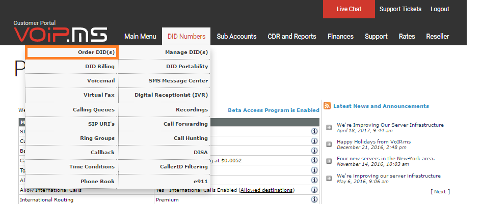 قسم أرقام DID في VoIP.ms
