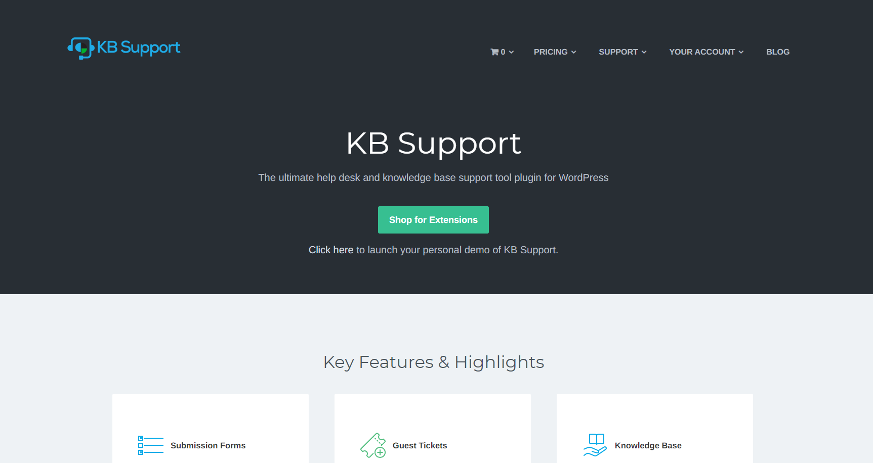 Kb-support ticketing software homepage