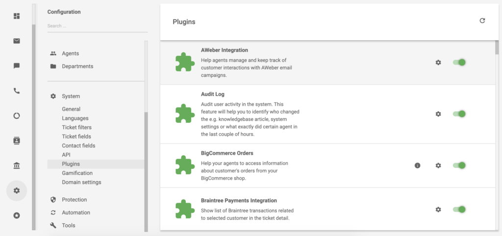 المكون الإضافي AWeber نشط في قائمة المكونات الإضافية بـ LiveAgent