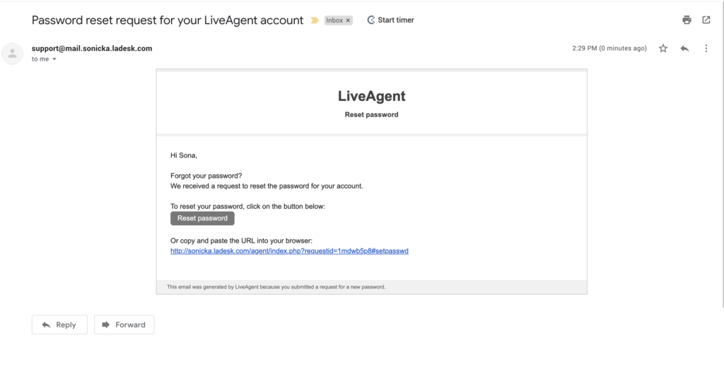 إعادة تعيين كلمة مرور البريد الإلكتروني من LiveAgent