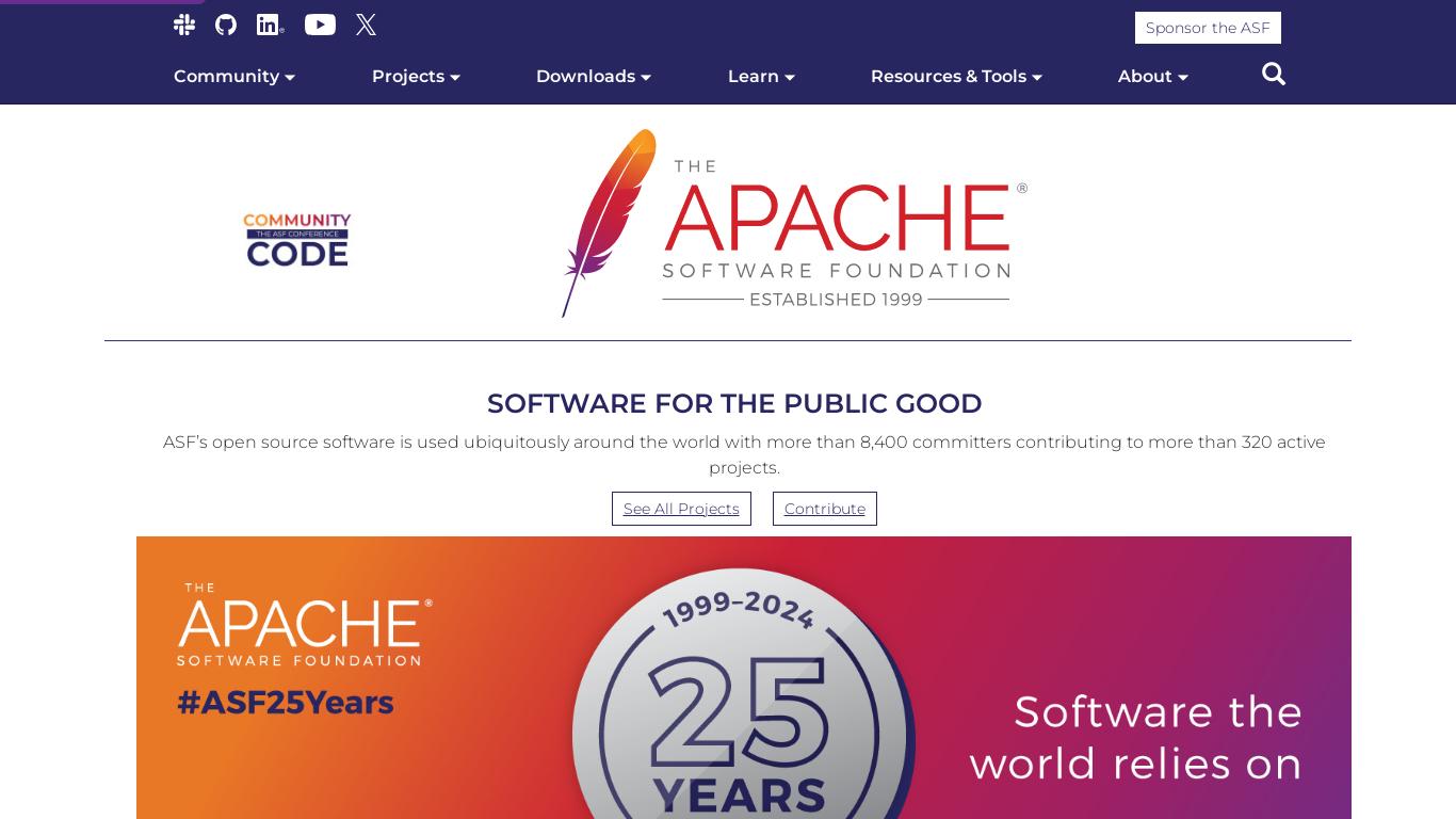 The Apache Software Foundation (ASF) is a charitable organization that develops and maintains hundreds of open-source projects. The ASF offers guidance and mentoring for those interested in contributing to its projects and hosts conferences for networking opportunities. Its consensus-driven, open development process has produced some of the largest and longest-lived open-source projects. The ASF's projects include Serf, AGE, and Tomcat, among others, and it provides opportunities for external projects to join through the Apache Incubator.