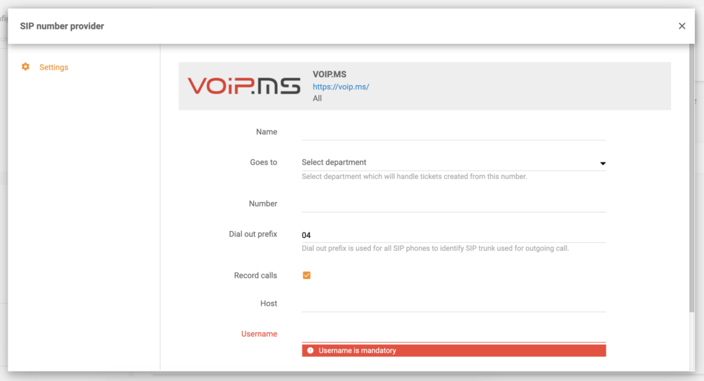 تكوين VoIP.ms في إعدادات مكالمة LiveAgent