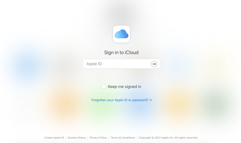 موقع iCloud مع خيارات تسجيل الدخول