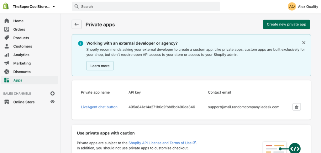 إنشاء تطبيق جديد خاص في Shopify لإنشاء تكامل مع LiveAgent