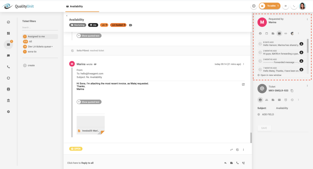 تاريخ الاتصال في سلسلة - LiveAgent