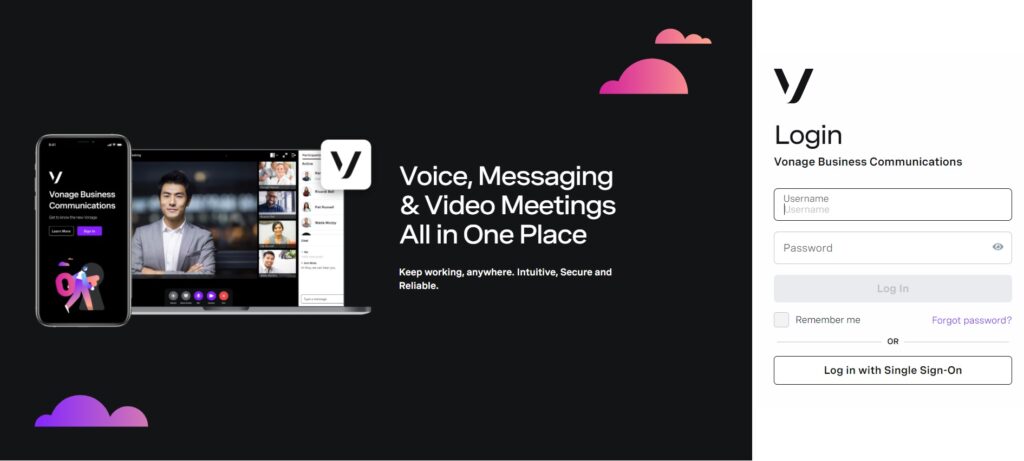 الصفحة الرئيسية لـ Vonage business communications