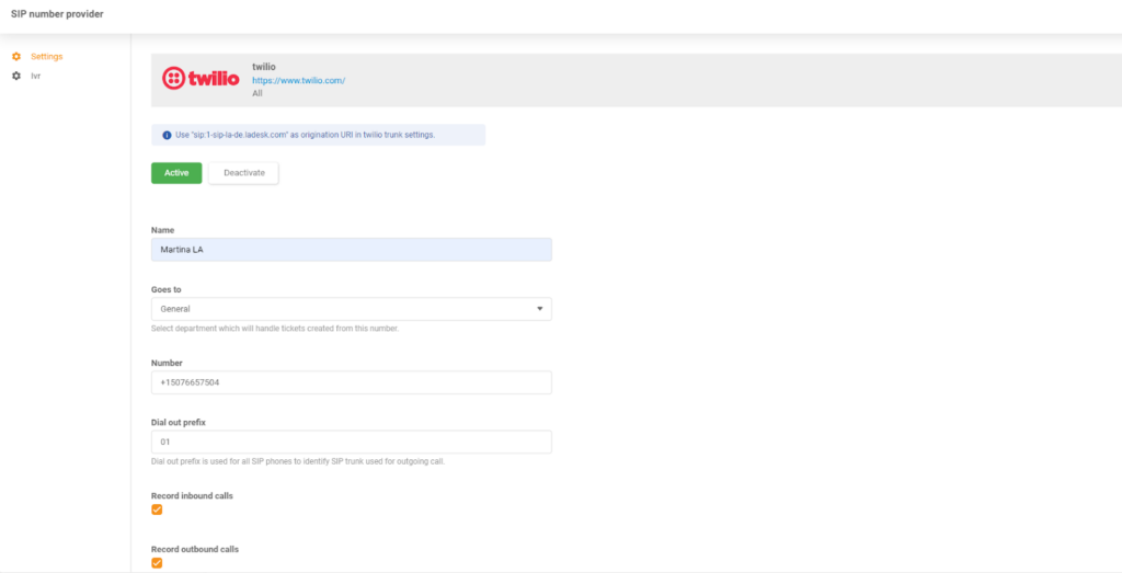 LiveAgent - Twillio integration