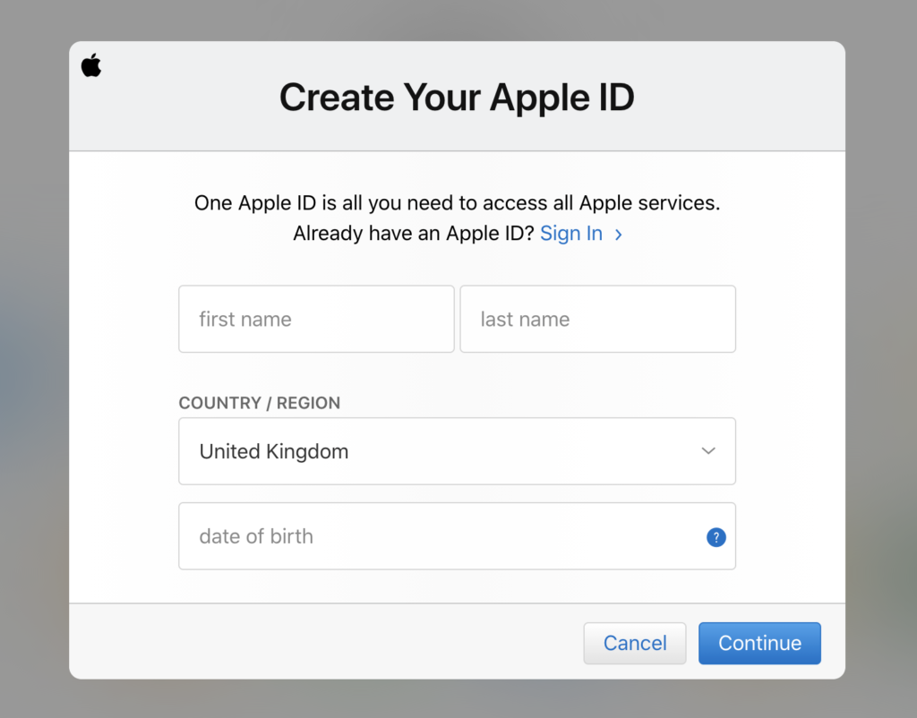نموذج تسجيل حساب iCloud