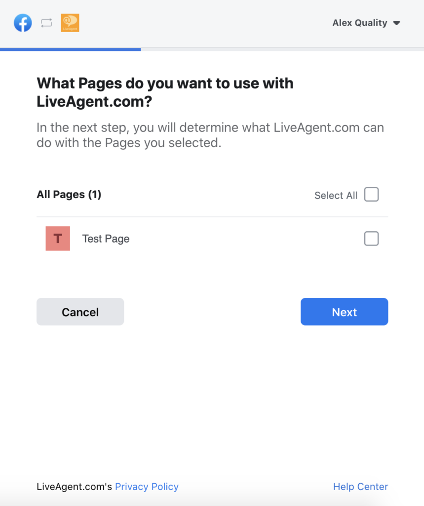 اختيار صفحات فيسبوك في تهيئة LiveAgent