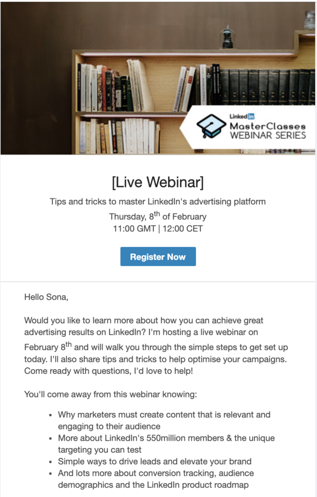 لمحة عن قالب بريد الكتروني لندوة على الانترنت ل LinkedIn