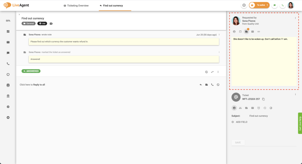 الملاحظات في التذاكر - LiveAgent