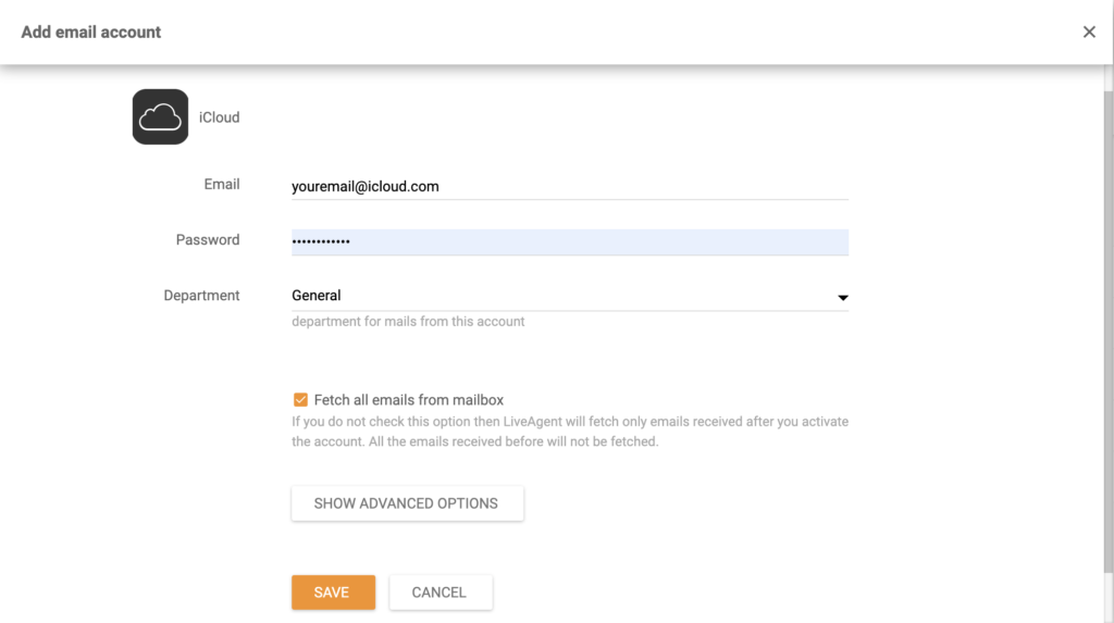 إعداد عنوان البريد الإلكتروني iCloud في LiveAgent