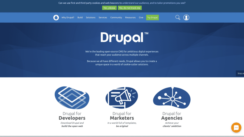 زر دردشة LiveAgent على صفحة Drupal الرئيسية.